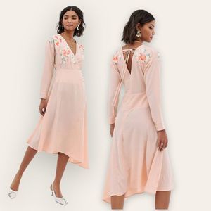Asos Design Womens Peach Embroidered Floral Faux Wrap Midi Dress - Size 4